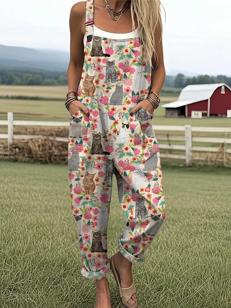 Women's Cute Cat And Floral Pattern Casual Wide Leg Jumpsuit