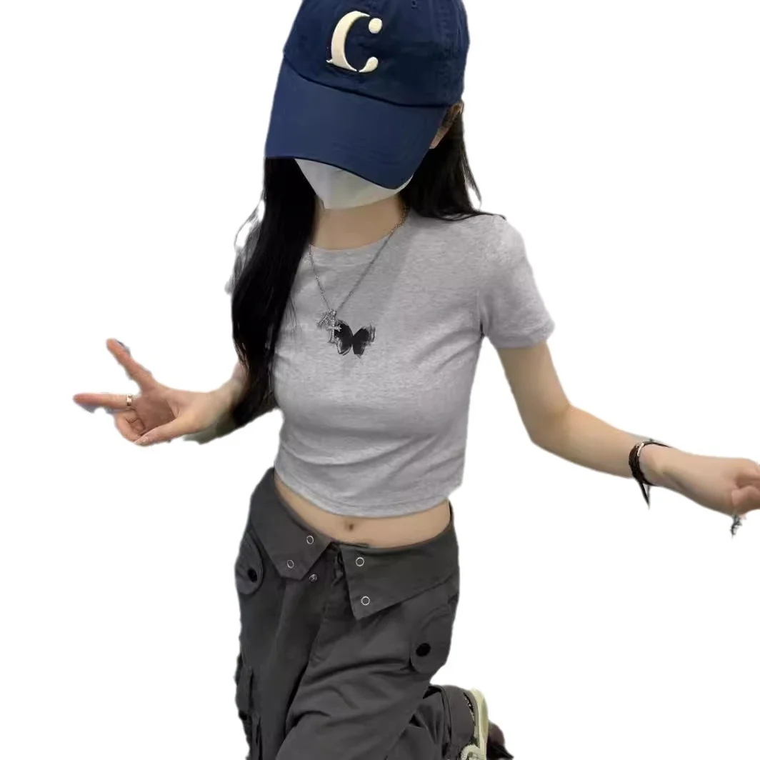 Uveng Uveng Girl Butterfly Print Short-Sleeved T-Shirt Female 2024 Summer Slim Slim Short Crop Student Top Tide