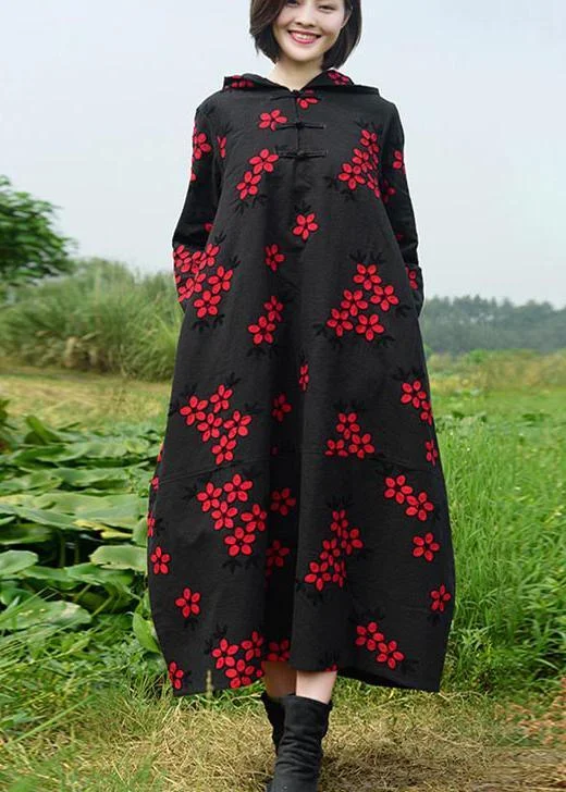 Women Black Embroidery Quilting Dresses Hooded Maxi Spring Dresses
