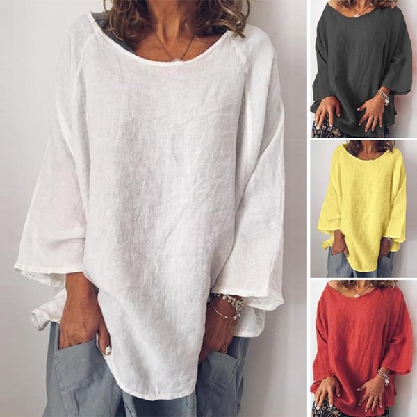 Womens Spring Long Sleeve Casual Tunic Shirt Top Cotton Solid Color Oversized Loose Blouse - BlackFridayBuys
