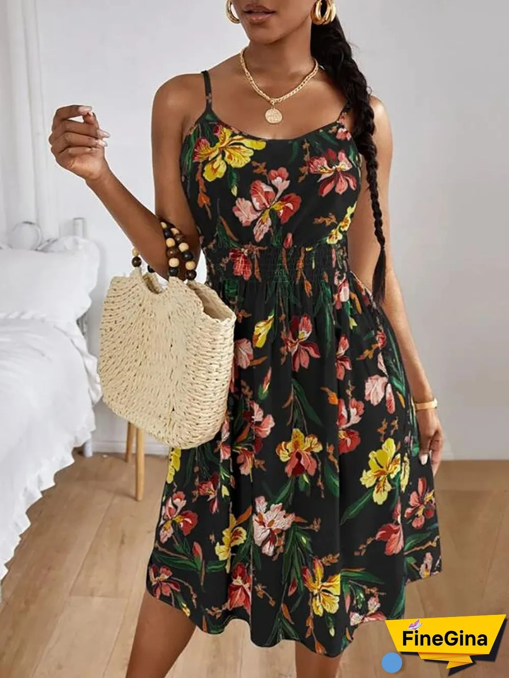 Women'S Dresses Printed Sling Elastic Waist Sleeveless Dress