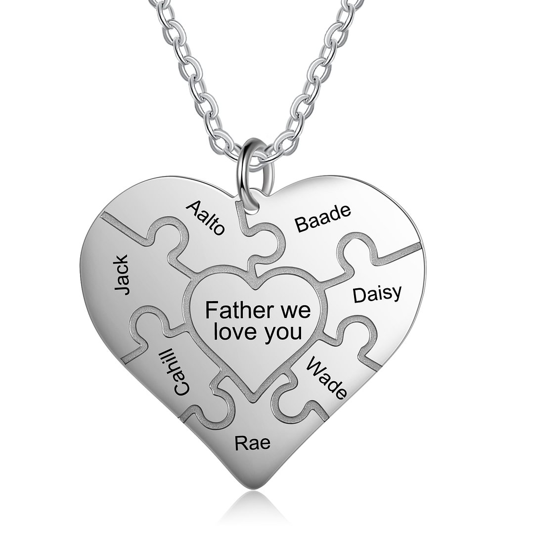 Personalized Heart Puzzle Necklace Engraved 7 Names Family Necklace