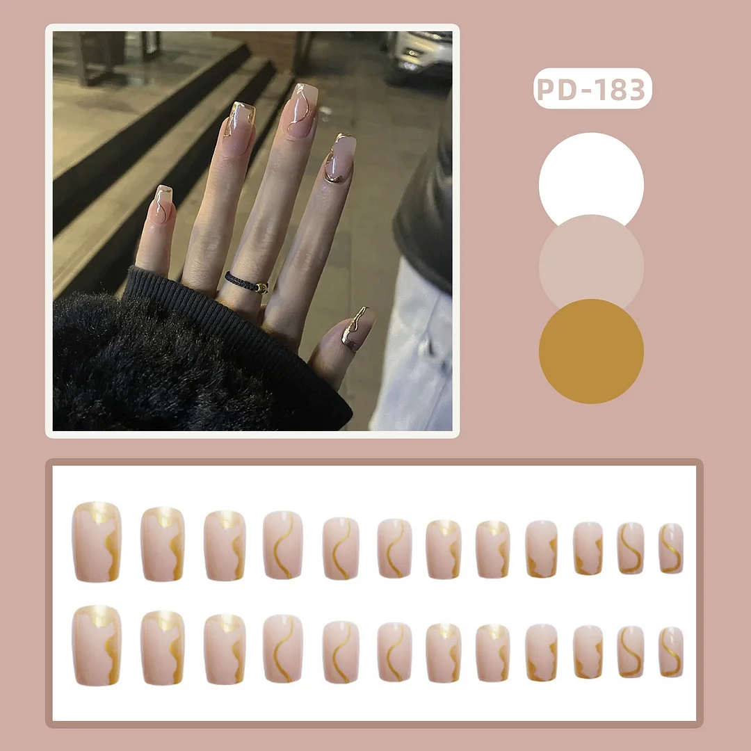 24Pcs Coffee Color With Grids Heart Designs False Nail Full Cover Fake Nails with Glue Detachable Wearable Manicure Nail Tips-Nail Inspo
