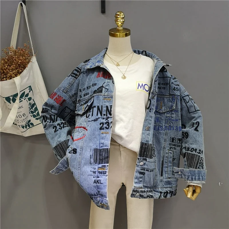 2021 Women Denim Jacket Loose Letter Embroidery Harajuku Large Size Denim Coat Single-Breasted Turn Down Collar Female Jacket