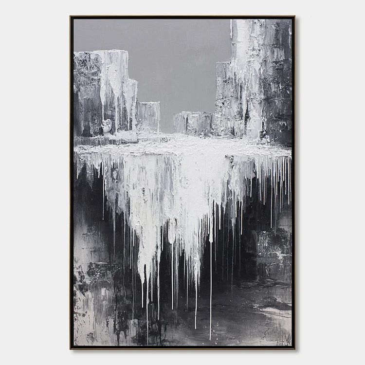 CONCRETE CASCADE: Textured Black and White Abstract Cityscape（Canvas painting）