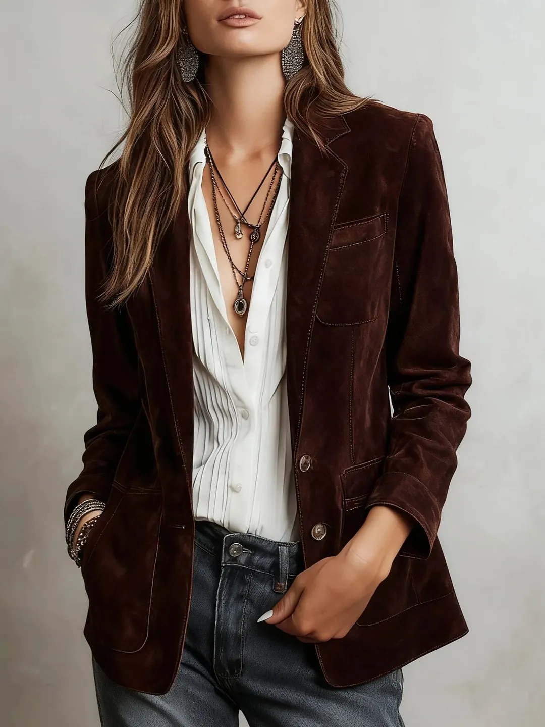 Women's Suede Blazer Jacket Vintage Casual Button Down Coat with Pockets