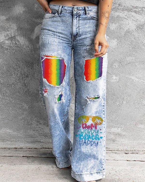 RAINBOW PRINT CASUAL RIPPED WIDE LEG JEANS