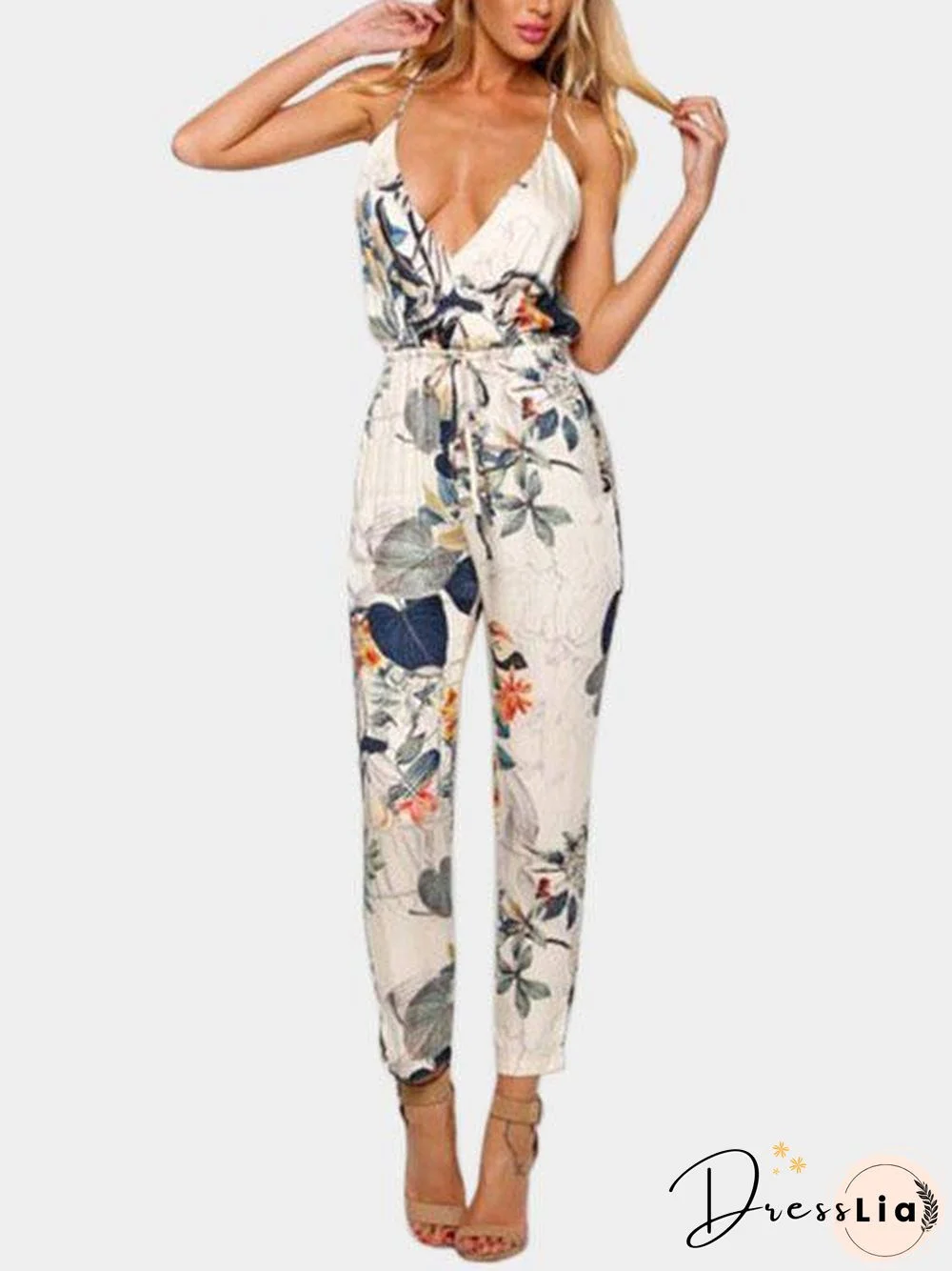 Floral Print V-Neck Sleeveless Jumpsuit