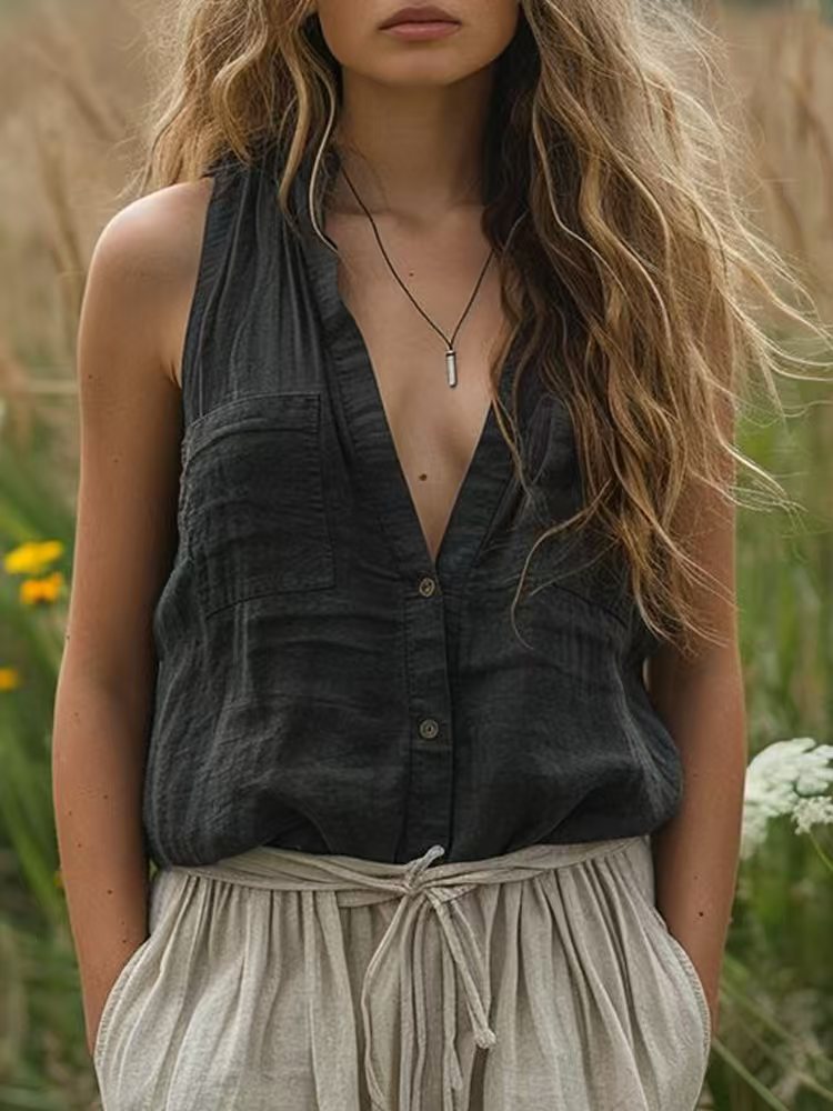 V Neck Sleeveless Chest Pocket Solid Color Vest Top