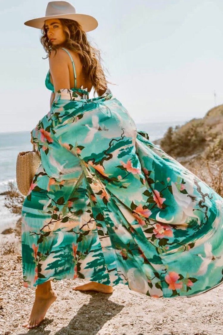 Boho Floral Belted Kimono Maxi Cover Up-elleschic