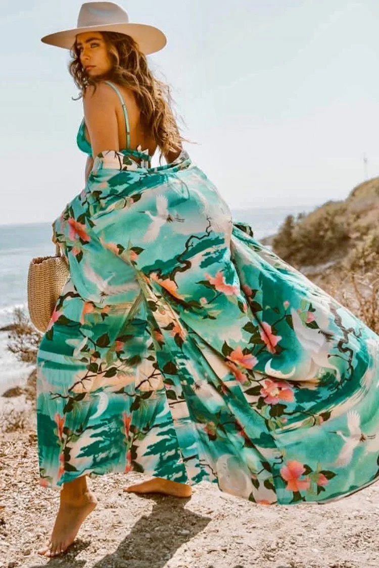 Boho Floral Belted Kimono Maxi Cover Up-elleschic