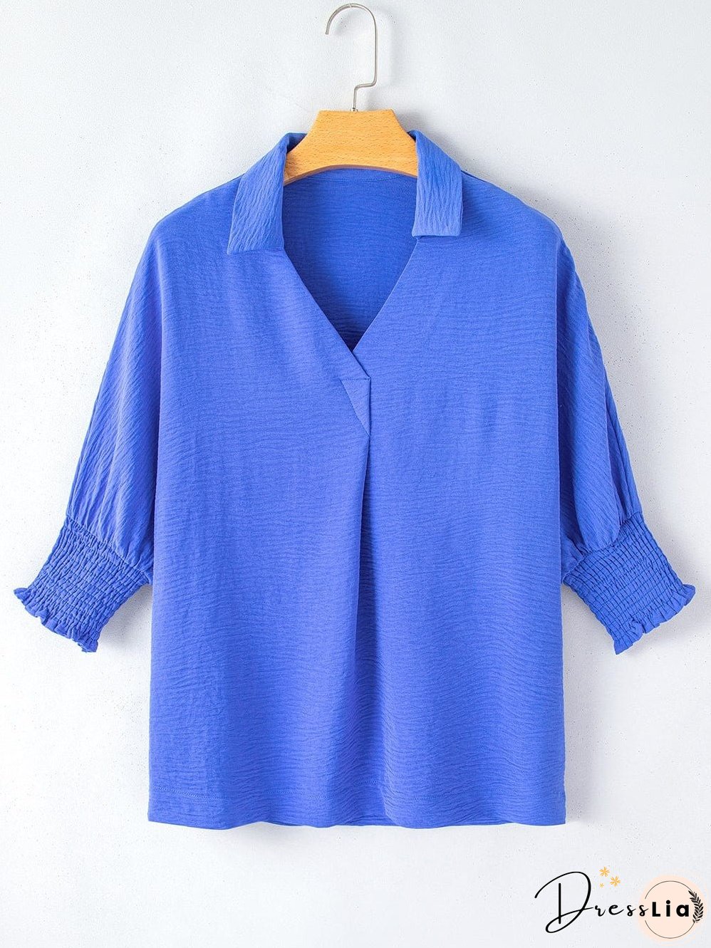 Navy Blue Collared Smocked Sleeve Cuffs Loose Fit Blouse