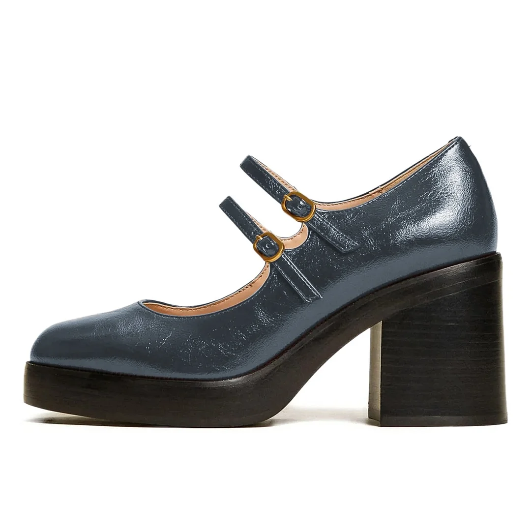 Navy Round Toe Chunky Heel Double Strap Platform Mary Jane Pumps