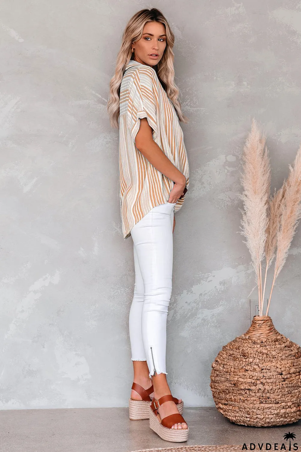 Loose Button Back Striped Blouse