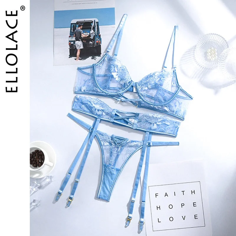 Ellolace Exotic Women's Underwear Transparent Bra Sensual Lingerie 3 Piece Set Sexy Lace Brief Sets Hollow Bilizna Langerie