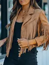 Stylish Solid Color Fringed Notched Collar Long Sleeves Jacket