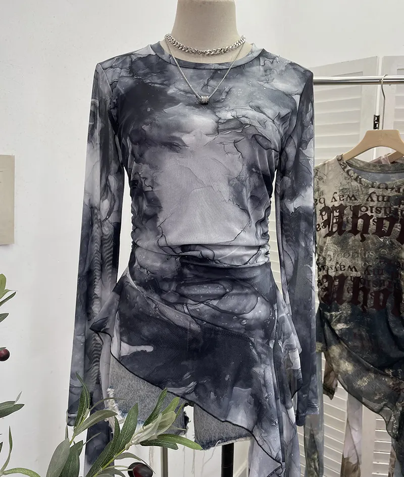Uveng Real Shooting Babes Long Sleeves And Jersey Net Yarn Dye Printing Irregular Lotus Leaf Edge Ribbon Folding Top 9998