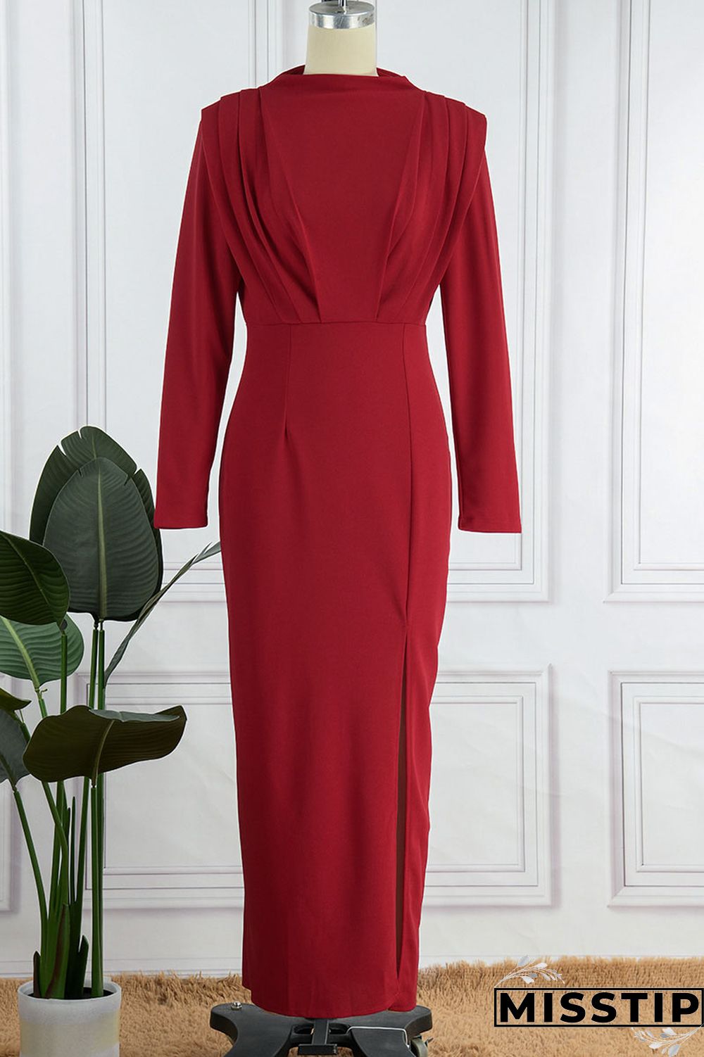 Black Elegant Solid Patchwork Backless Slit Fold O Neck Straight Dresses