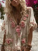 Vintage Pink Rose Embroidery Linen Short Sleeve T-shirt