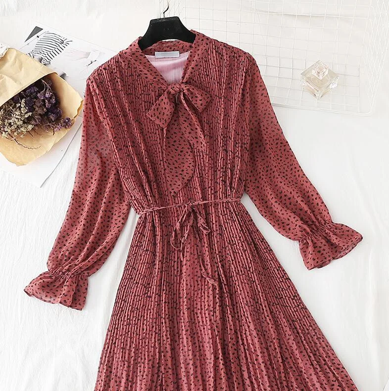 2020 Elegant Women Dress Vintage Bow Polka Dot Print Loose Midi Dress Female Casual Ruffles Pleated Chiffon Dresses Vestidos