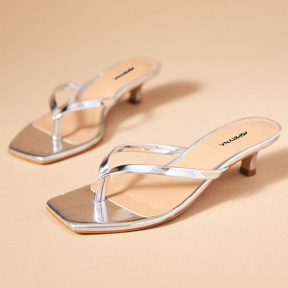 Square Toe Kitten Heel Flip Flop Metallic Silver Mules Sandals Nicepairs