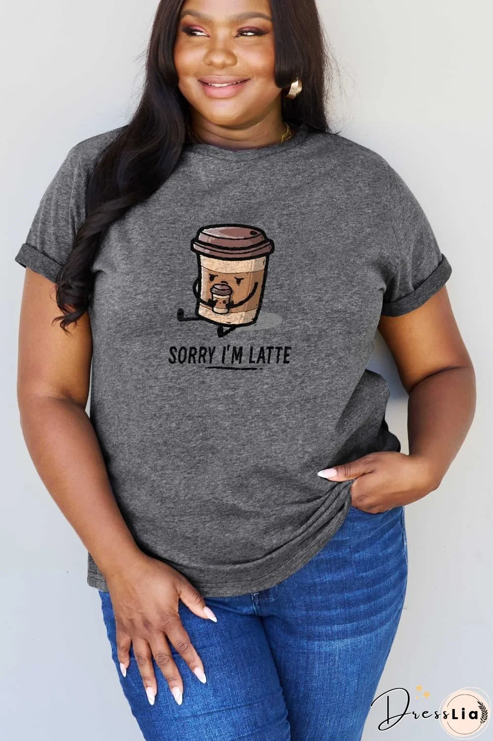 Simply Love Full Size SORRY I'M LATTE Graphic Cotton Tee