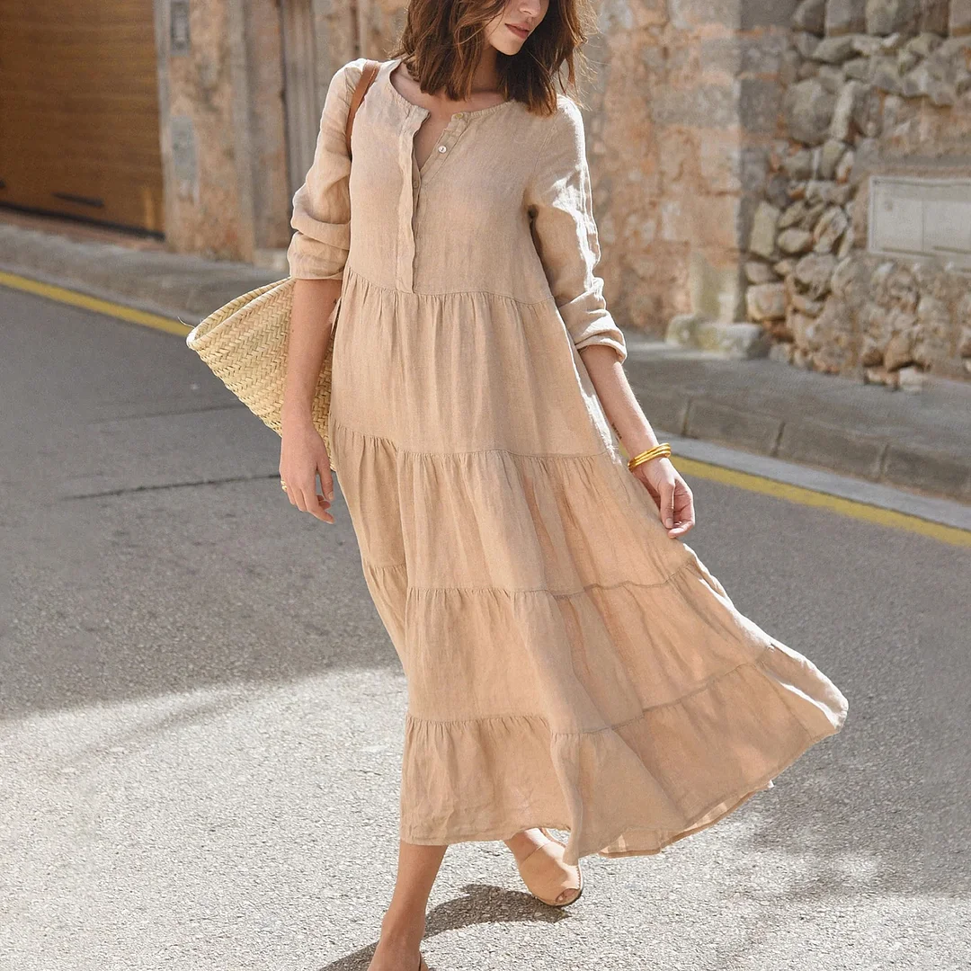 Brown Linen Layered Resort Dress-inspireuse