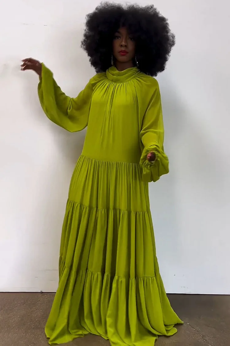Mock Neck Long Bell Sleeve Tiered Pleated Hem Loose-Fit Maxi Dresses-Green [Pre Order]