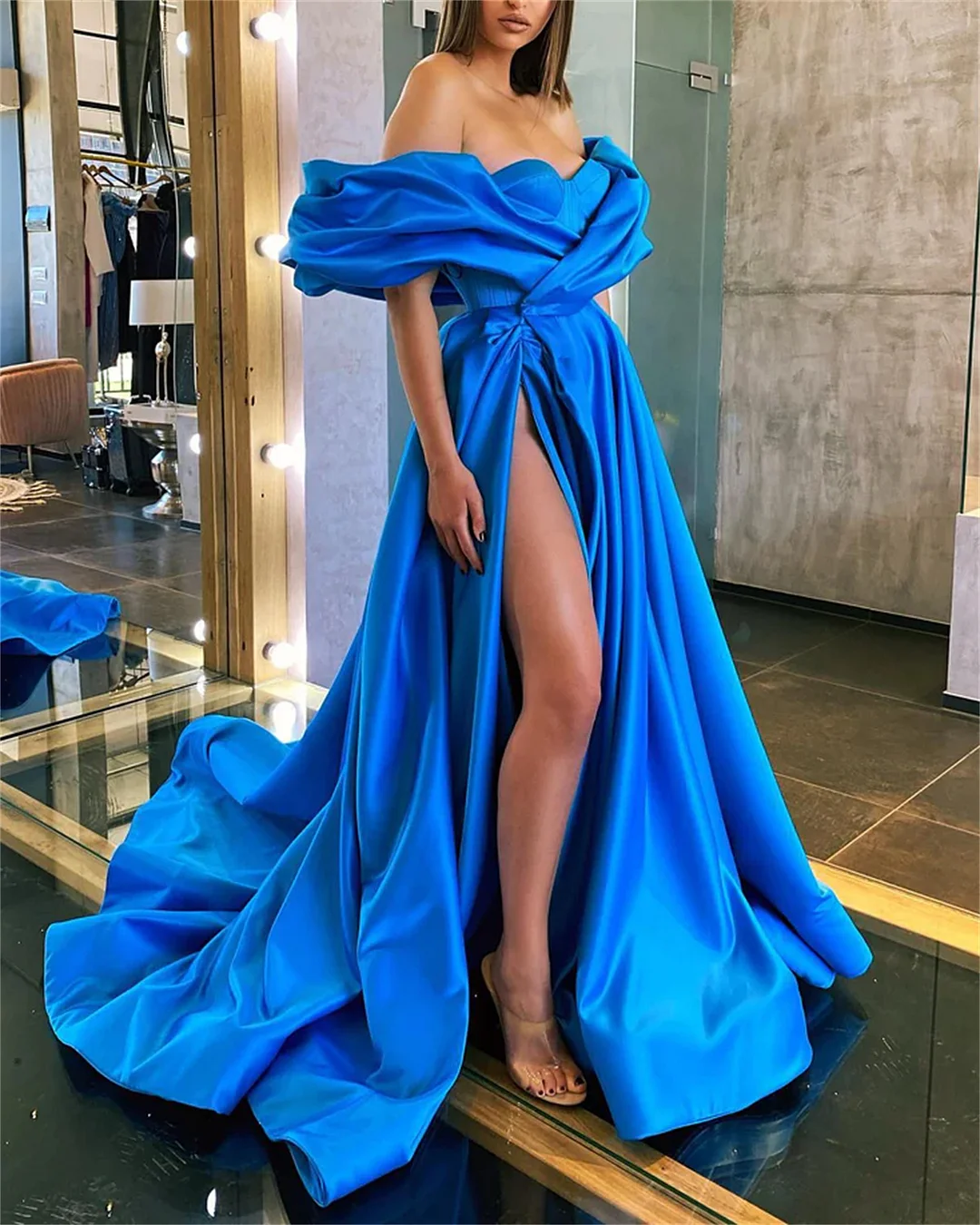 Women's Blue Strapless Satin Dress