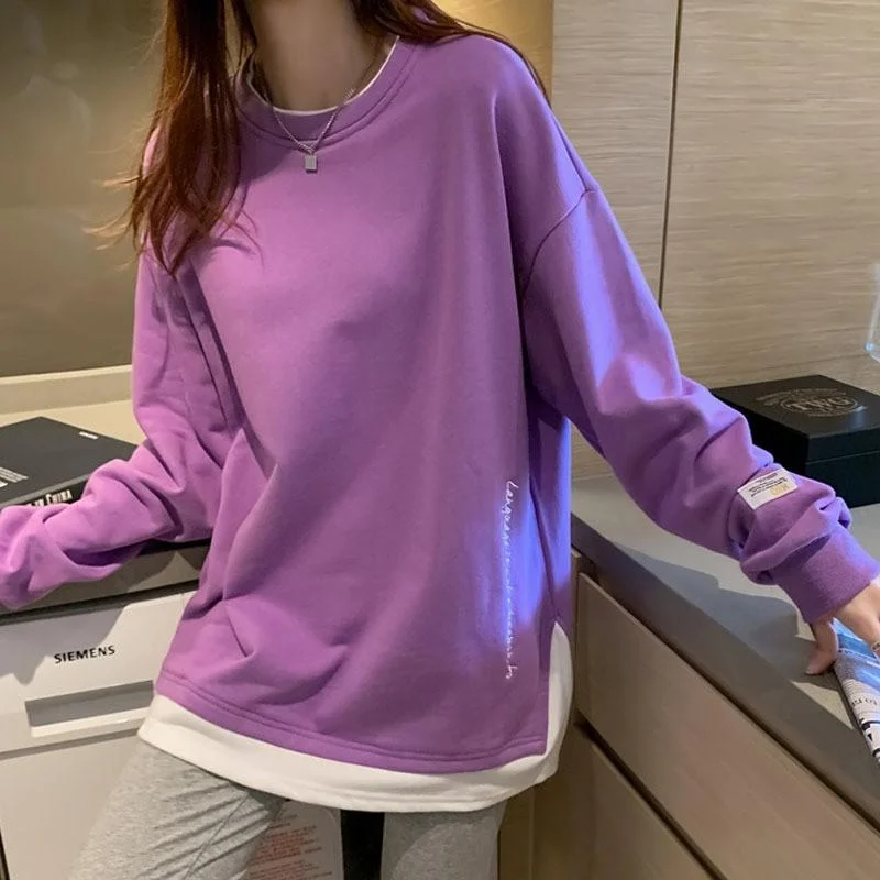 Korean Style O Neck Long Sleeve Women Sweatshirts Casual Solid Color Oversized Hoodies Female Clothing Letter Harajuku Pullover