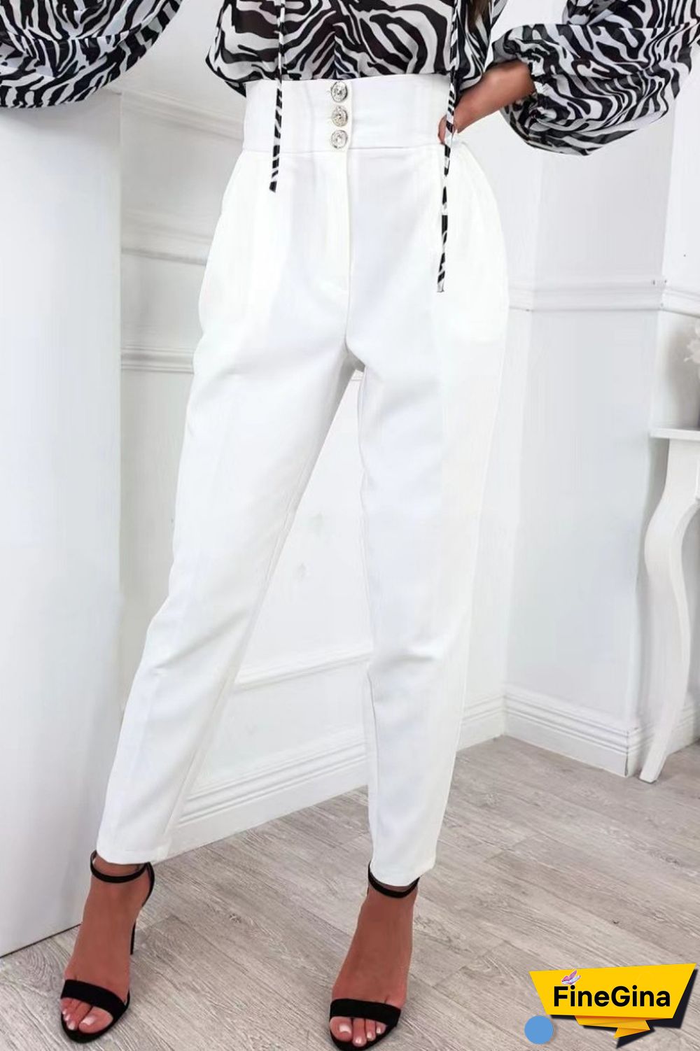 Black Casual Solid Buttons Regular High Waist Conventional Solid Color Trousers