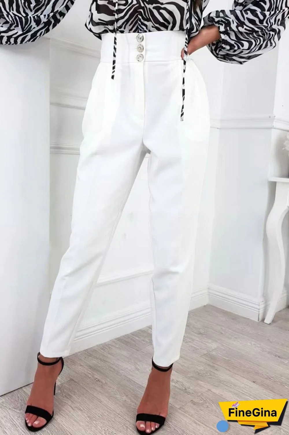 Black Casual Solid Buttons Regular High Waist Conventional Solid Color Trousers