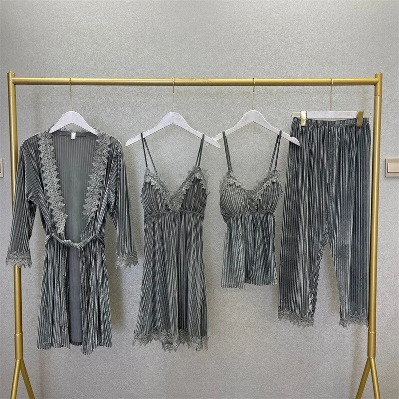 Stripe 4PCS Pajamas PJS Set Women Lace Robe Kimono Bath Gown  Nightwear Intimate Lingerie Autumn Sleepwear Home Clothes