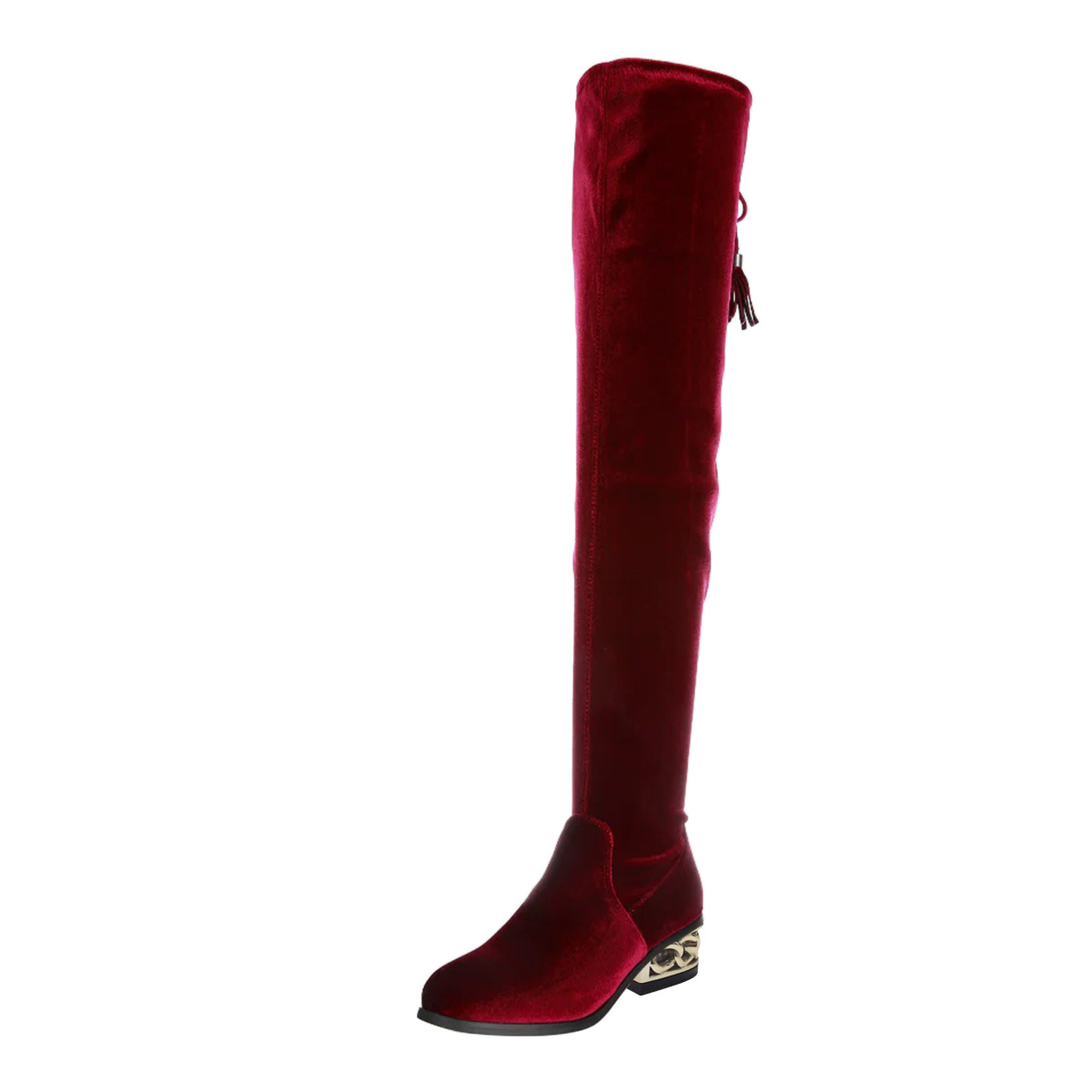 Maroon Fringe Tie Round Toe Over-the-Knee Zipper Decor Heeled Boots Nicepairs