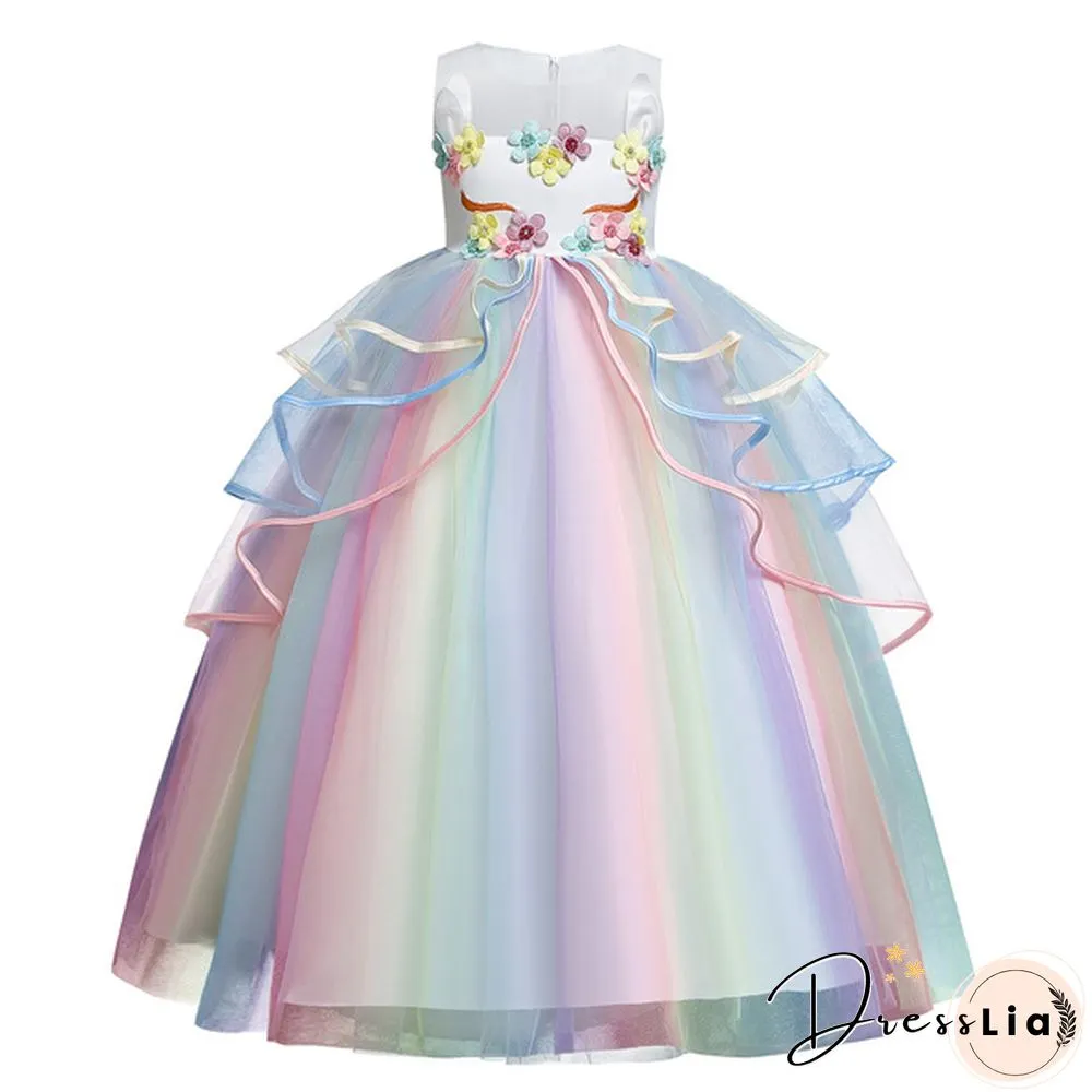 Summer Kids Girl Layered Tulle Unicorn Outfits Dress Headband for Carnival Halloween