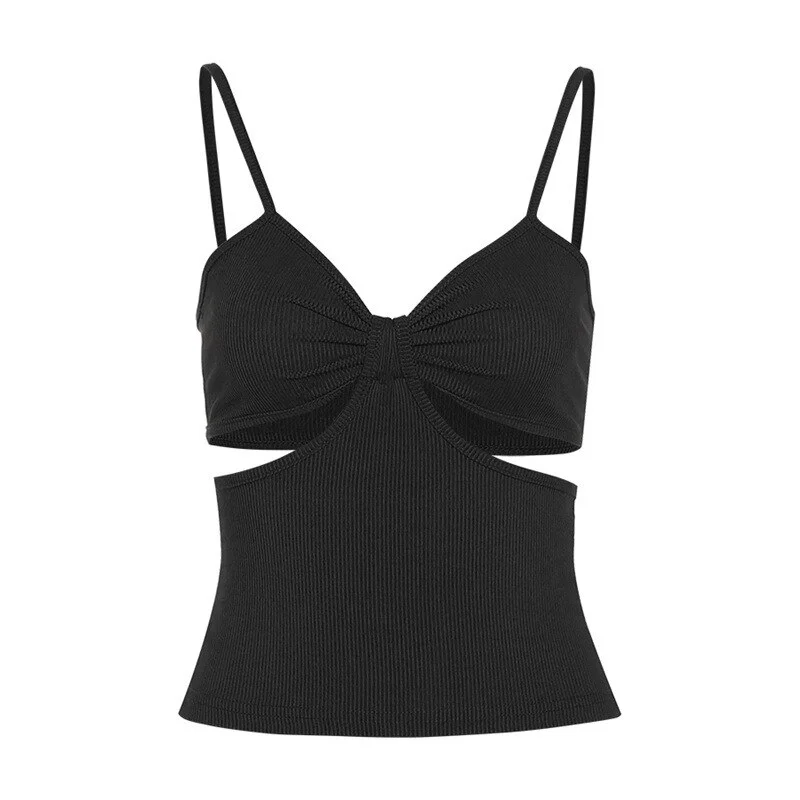 Fashion Sexy Hollow Out V Neck Solid Rib Knit Female Camisole New Summer Casual Slim Stretch Basic Wild Women Crop Top