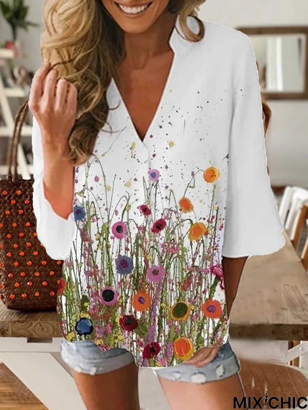 White Printed Cotton Half Sleeve Patchwork Tops