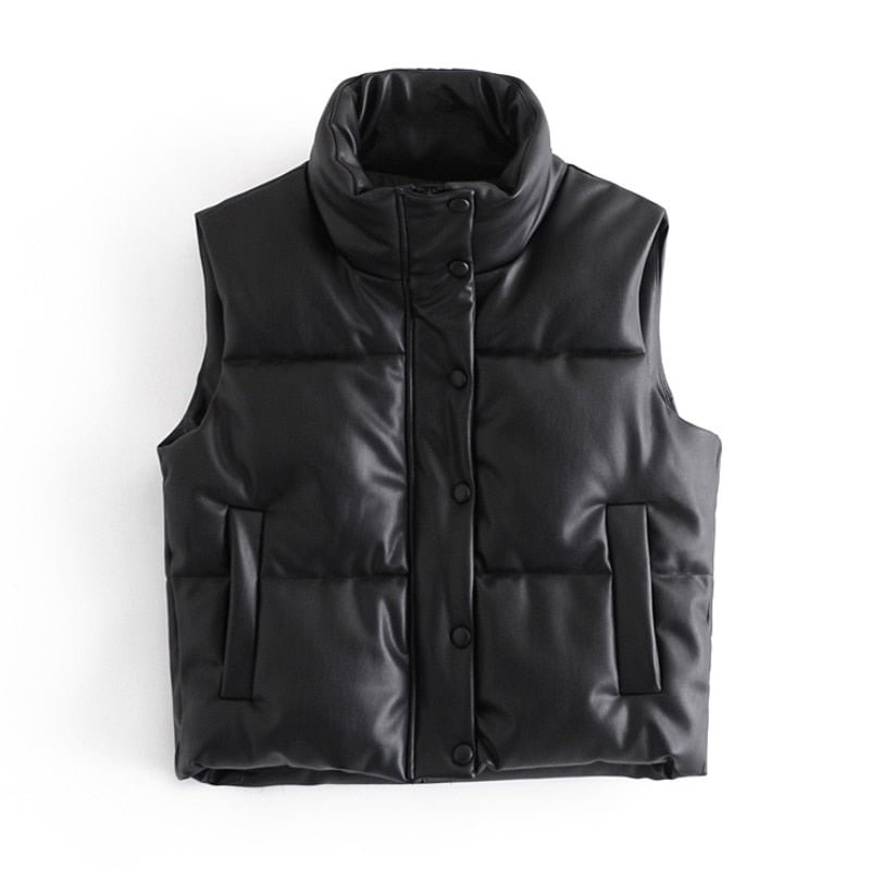 Aachoae Women Autumn Winter PU Faux Leather Parka Coats Solid Single Breasted Waistcoat With Pockets Female Fashion Casual Coat