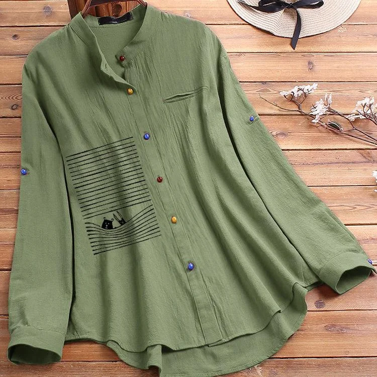 Long Sleeve Solid Rabbit Bear Print Cotton Linen Elegant Blouse