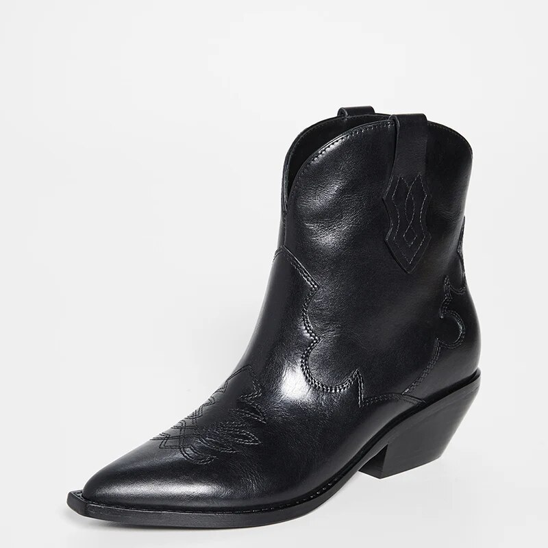 TAAFO Black Woman Ankle Boots Med Chunky Heels Pointed Toe Sewing Booties Ladies Shoes Large Size 41 43