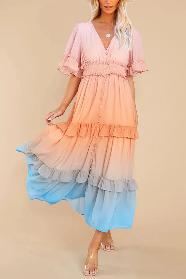 Ombre Sunset Ruffles Maxi Dress