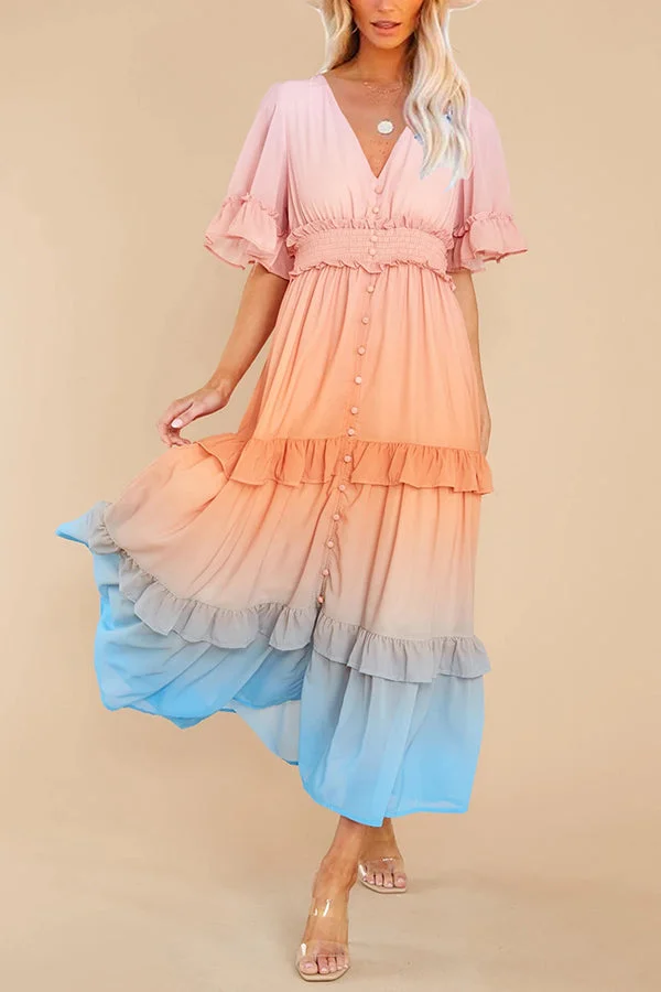 Ombre Sunset Ruffles Maxi Dress