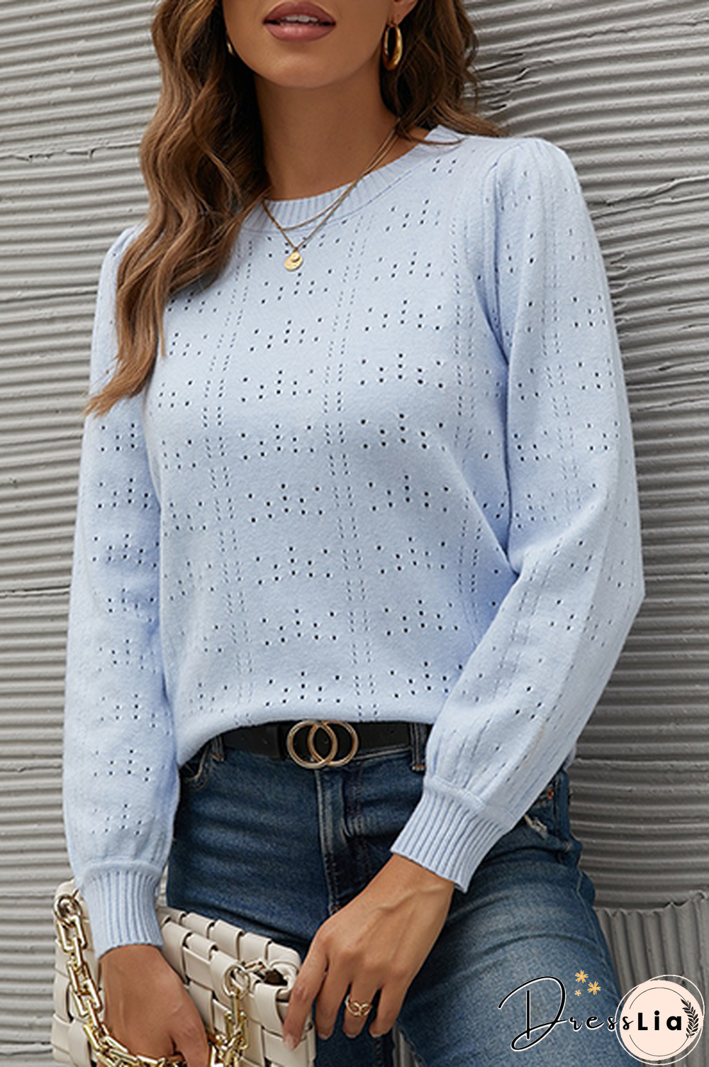 Casual Solid Hollowed Out Split Joint O Neck Tops