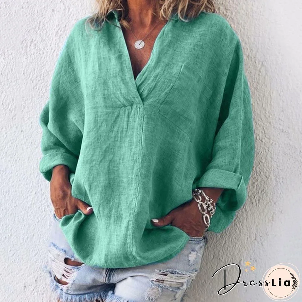 XS-8XL Autumn Tops Plus Size Fashion Clothes Women's Casual Long Sleeve Tee Shirts Deep V-neck Tunic Tops Ladies Blouses Pullover Loose T-shirts Solid Color Linen Blouses
