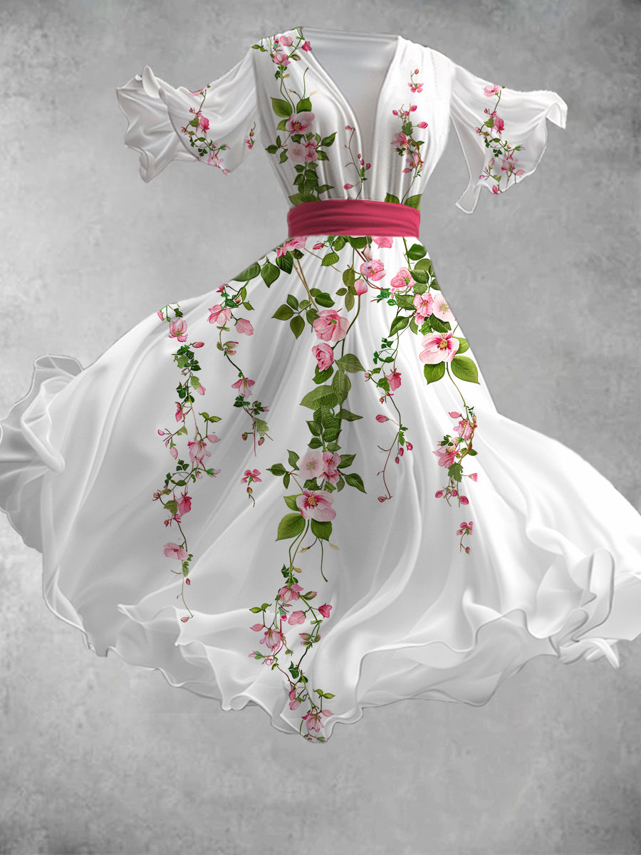 Vintage Floral Art Print V-Neck Short Sleeve Flowy Midi Dress
