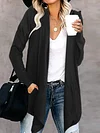 Elegant Long Sleeve Hooded Open Front Knitted Cardigan for Women, Polyester V-Neck with Medium Stretch, Solid Color Long Length for Fall/Winter