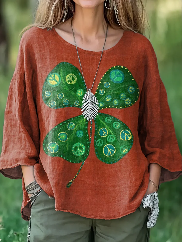 Women's St. Patrick Hippie Graphic Art Print Casual Cotton and Linen Shirt