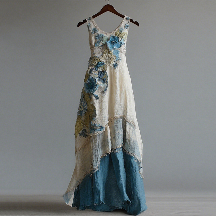 Women's Vintage Oil Painting Floral Art Gradient Linen Sleeveless Dress