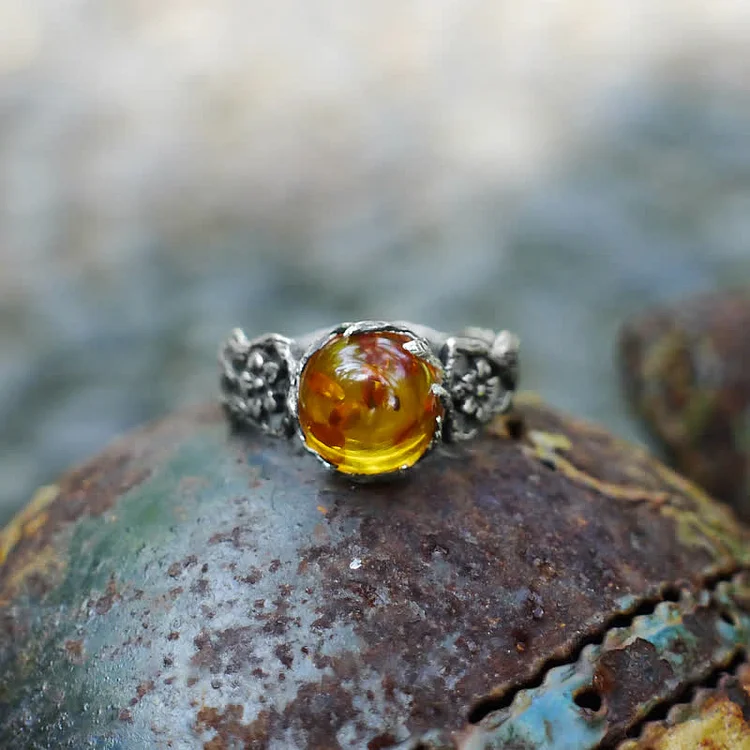 Antique Silver Amber Flower Ring