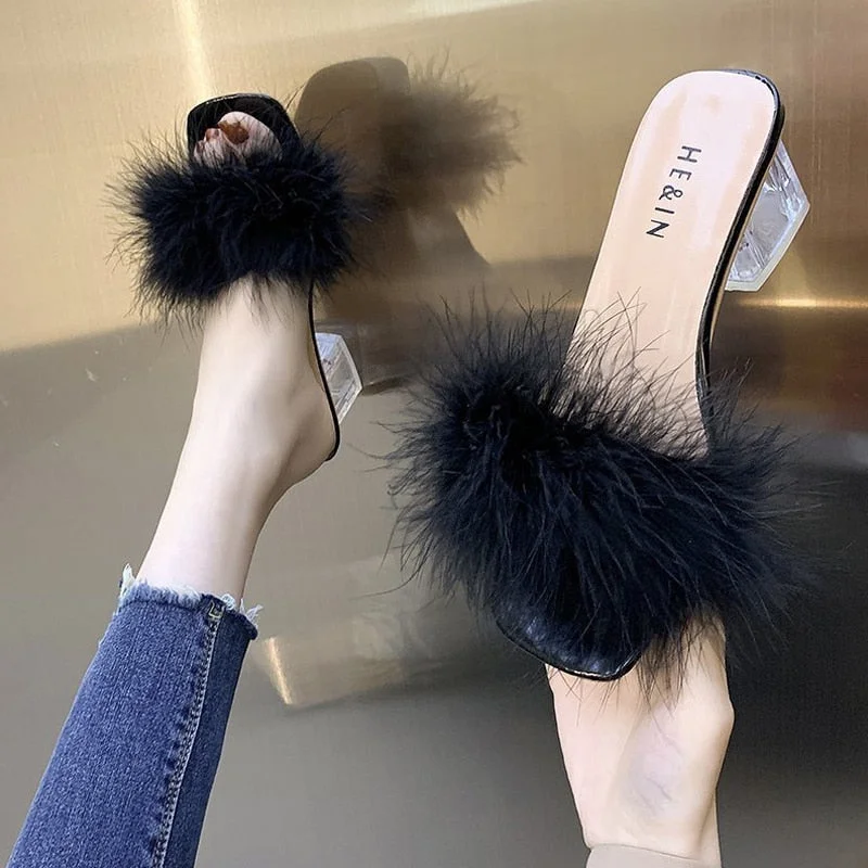 Woman Shoes Transparent Crystal High Heels Woman Feather Fur Slippers Pumps Women Peep Toe Lady Cute Plush Slippers 2021